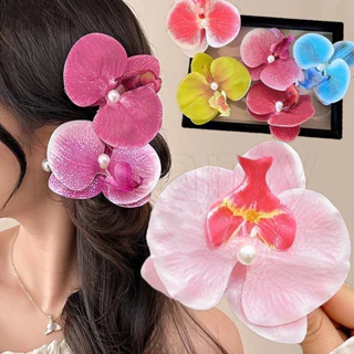 Kẹp Tóc Hoa Lan - Phalaenopsis Hair Barrette - Kẹp Tóc Bên Bãi Biển - Mũ Bohemia - Kẹp Tóc Ngọc Trai Hoa Vải - Phong Cách Ins Hàn Quốc, Cổ Tích, Ngọt Ngào, Thanh Lịch