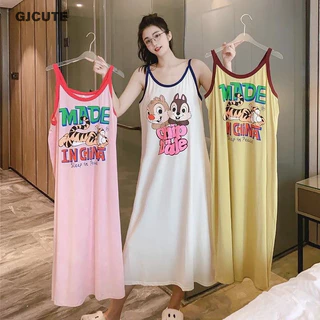 Gjcute Sling Hoạt Hình Dễ Thương In Hình Váy Ngủ Nữ Mùa Hè Mới Không Tay Kích Thước Lớn Mỡ MM Mỏng Mặc Bên Ngoài Quần Áo Ở Nhà