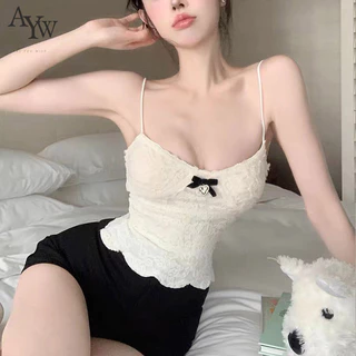 Ayw Áo hai dây ren trắng nguyên chất gợi cảm dành cho nữ, cà vạt nơ hot girl, dáng ôm vừa vặn, áo không tay ngắn