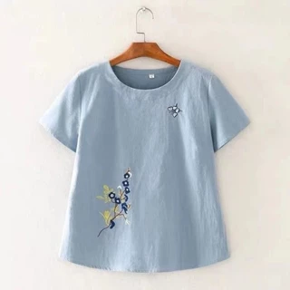 Vải Lanh Cotton Mẹ Mặc Văn Học Thêu Ngắn Tay Áo Thun Nữ Rời Bao Bụng Đơn Giản Phù Hợp Với Mùa Hè Phong Cách Mới