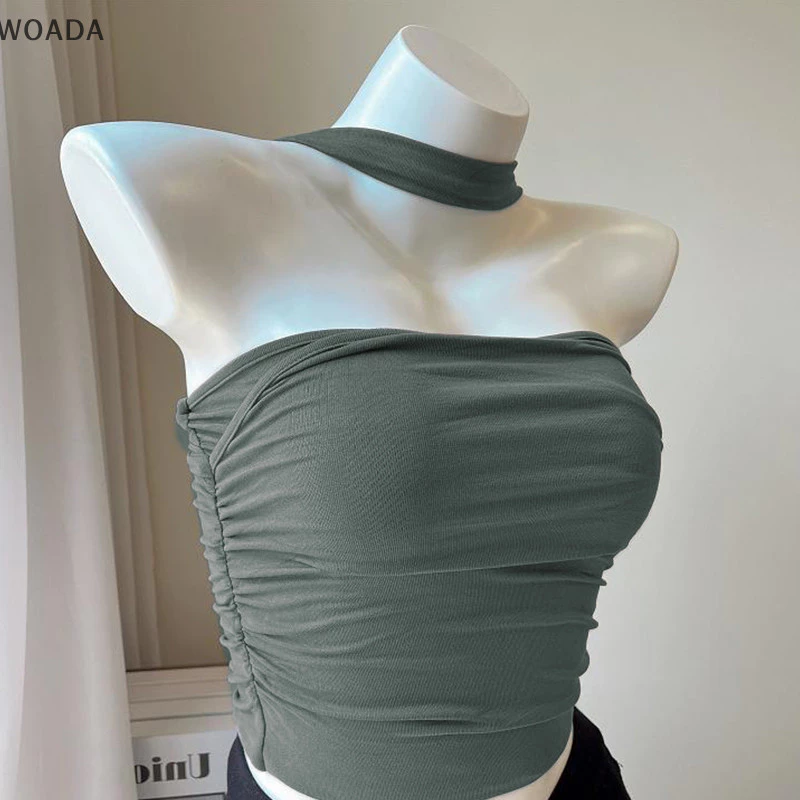 Woada Mùa Hè Gợi Cảm Dây Áo Nữ Màu Trơn Pleats Không Tay Slim Top VN