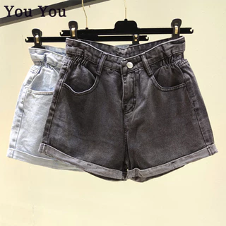 Quần short denim lưng cao dành cho nữ, quần ống rộng rách, rách, rộng rãi