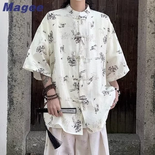 Magee Mới Áo Sơ Mi Nam Phiên Bản Hàn Quốc Retro Thường Ngày Sang Trọng In Tre Mới Phong Cách Trung Quốc Pan Nút Thiết Kế Cảm Giác Nặng Thanh Niên Cặp Đôi Thời Trang Nửa Tay Áo