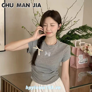 Chu MAN JIA Nữ giản dị màu trơn đơn giản thời trang cơ bản nơ ngắn tay dành cho nữ mùa hè