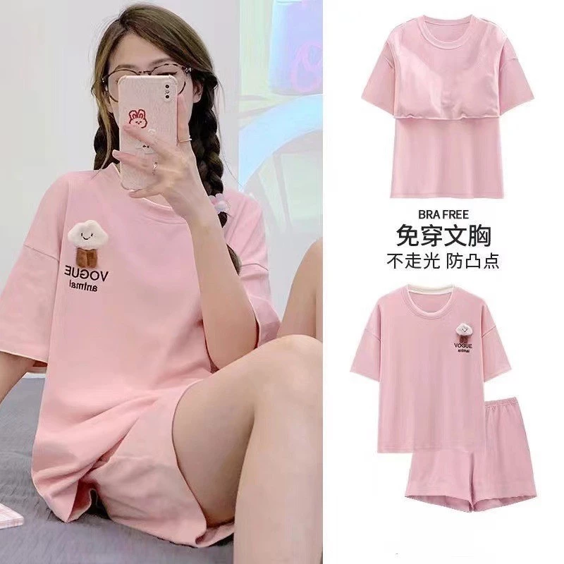Bộ đồ ngủ hai mảnh mùa hè dành cho nữ, in họa tiết hoạt hình, vải thoải mái, mát mẻ (có đệm ngực)