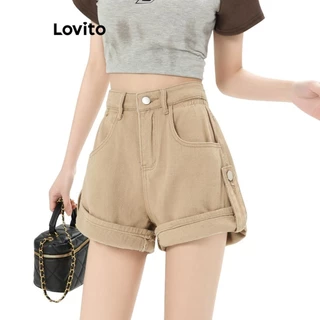 Lovito Thường ngày Plain Raw Wash Pocket Nút Zip phía trước có túi Quần short denim cho nữ LNE55542