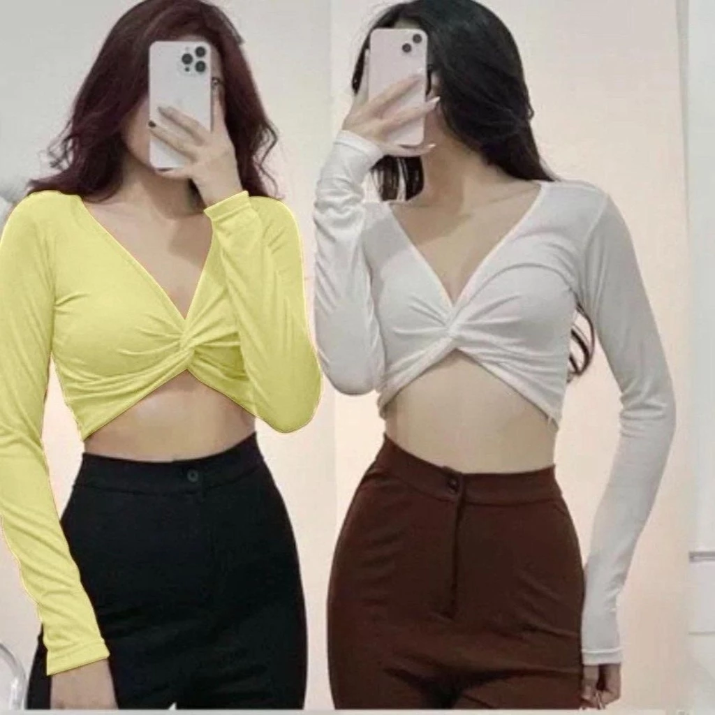 Áo kiểu nữ xoắn eo cổ tim tay dài phom croptop vải xốp nhật cotton