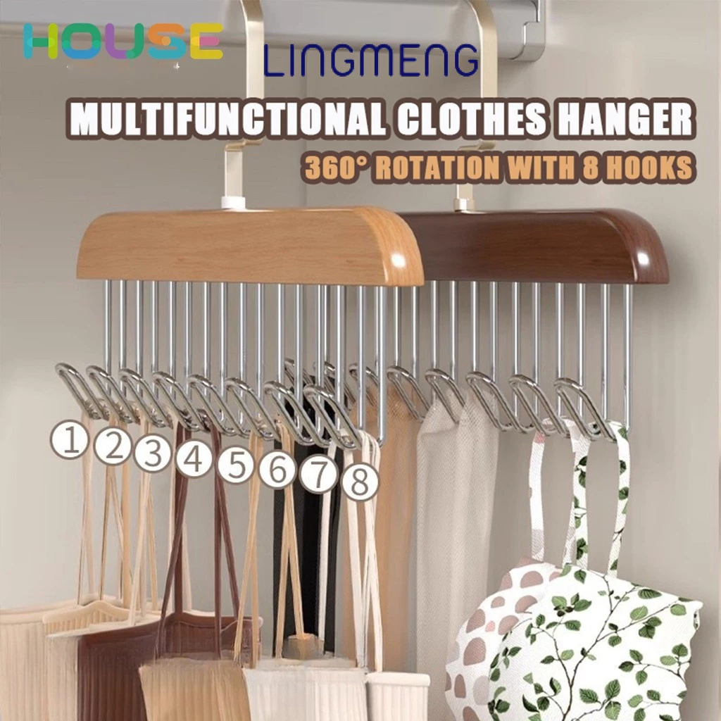 Lingmeng [MBH] Móc treo đa chức năng, móc treo gỗ, 8 móc treo đồ lót, khăn tắm, thắt lưng, dây buộc, áo sơ mi, xoay 360 độ 2 dòng để tiện lợi