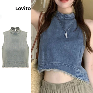 Áo denim Lovito viền khô không đối xứng màu trơn thường ngày cho nữ LNA21128 (Nhiều màu)