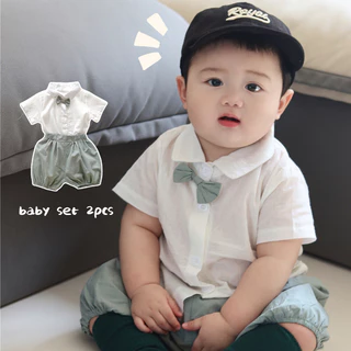 2024 Mới Bé Trai Tay Ngắn Phù Hợp Với Quý Ông Thường Ngày Bowtie Bé Trai Áo Sơ Mi Top + Màu Xanh Lá Cây Chắc Chắn Quần Áo Trẻ Em 1-5 Tuổi