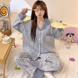 Bộ đồ ngủ mùa xuân và mùa thu Bộ đồ Cotton nữ dài tay hoạt hình Bộ hai mảnh sọc xanh dễ thương dáng rộng và thoải mái