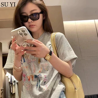 Su YI Lược bó sát offspun cotton nguyên chất dải lưng mùa xuân hè dáng rộng vai phải in áo thun ngắn tay