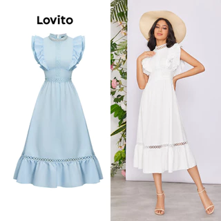 Đầm ren Lovito xếp nếp màu trơn phong cách thường ngày cho nữ LBE02102 (Trắng)