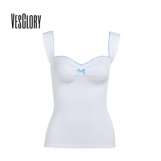 Vesglory Nữ Tương Phản Màu Xe Tăng 2024 Thời Trang Mới Tương Phản Nơ Slim Fit Đa Năng Top