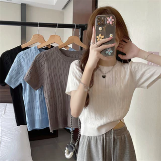 Suxi Mới Ngọt Ngào Slim Fit Thời Trang Đơn Giản Và Đa Năng Dệt Kim Cổ Tròn Tay Ngắn Áo Thun Nữ Top 240416