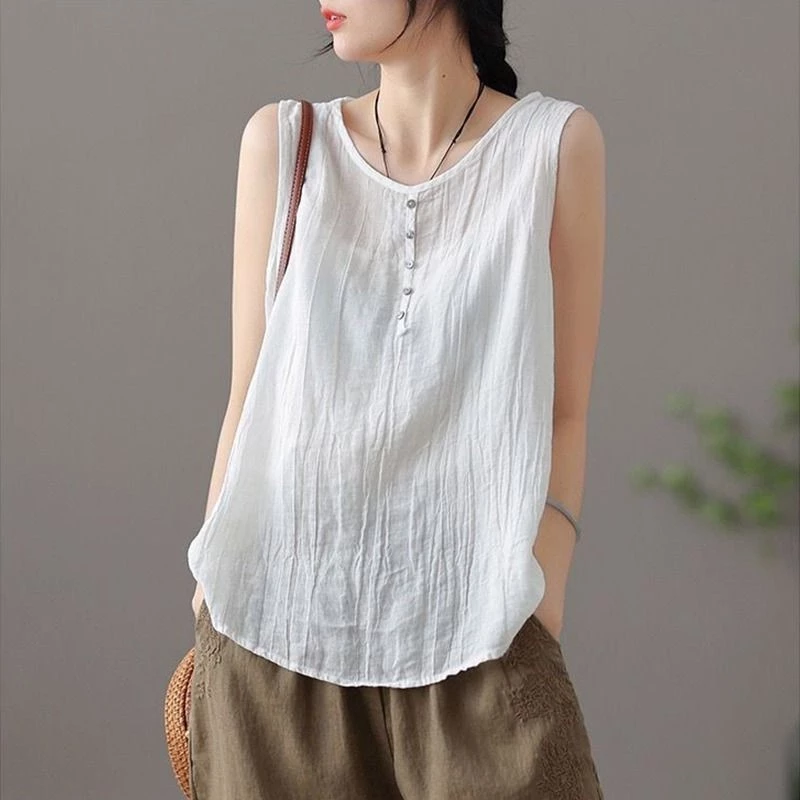 Áo Vest Cotton và vải lanh nữ mùa hè cỡ lớn dáng rộng màu trơn bên trong áo Vest mỏng