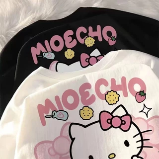 Hellokitty Dopamine Mặc Áo thun ngắn tay màu Pitaya dễ thương 100% Không Pilling Tide