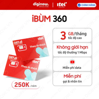 Sim 4G iTel iBUM360 (IB360) - Không giới hạn data, Miễn phí YouTube, gọi & nhắn tin - Trọn gói 12 tháng - Sóng TOP