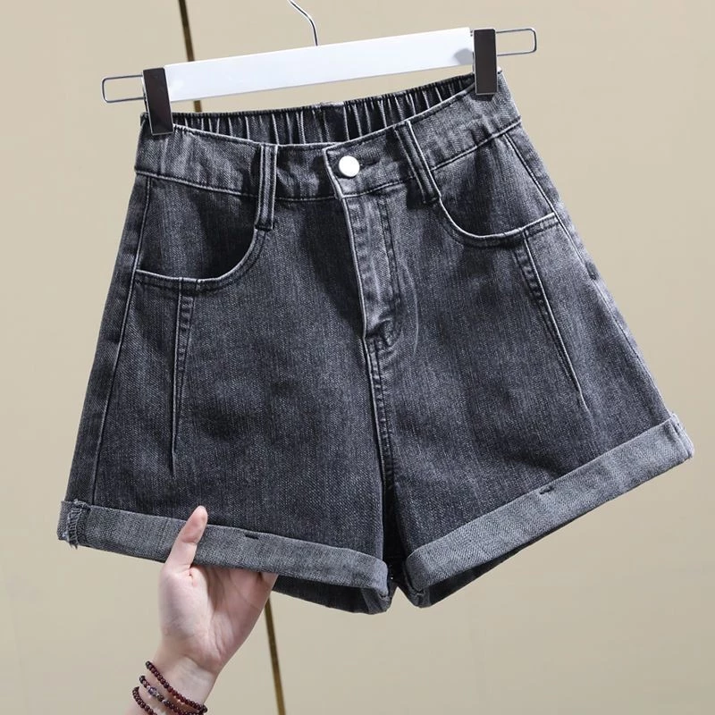 Khói Xám Uốn Quần Short Denim Nữ Mùa Hè 2024 Phong Cách Mới Co Giãn Eo Co Giãn Mỏng Phù Hợp Với Ống Rộng Eo Cao Chữ a Nóng