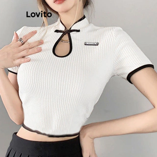 Lovito Áo thun in họa tiết tương phản trơn kiểu Preppy dành cho nữ L82AD039