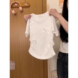 Thiết Kế Cảm Giác Áo Thun Vai Ngắn Tay Nữ Cotton Nguyên Chất Sang Trọng Ba Chiều Nơ Hàn Quốc Ngọt Ngào Cô Gái Không Lộ