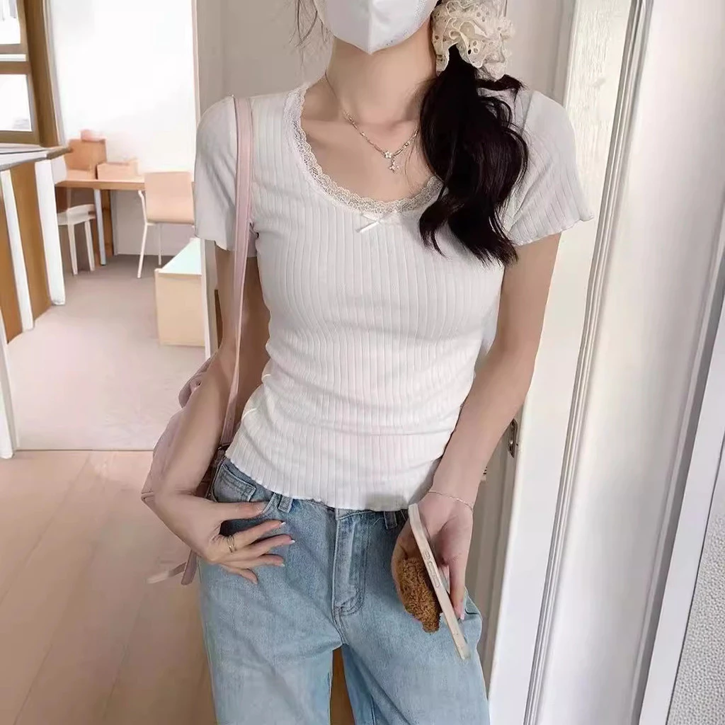 Mùa Hè Nấm Edge Ren Edge Ngắn Tay Áo Thun Nữ Slim-Fit Hot Girl Gợi Cảm Ngắn Top Đáy Áo Sơ Mi