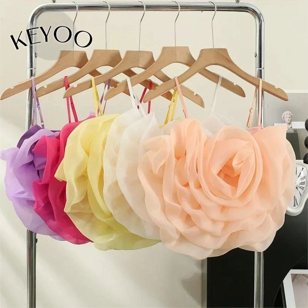 Keyoo Stereo Hoa Dây Áo Sling Crop Top Ngày Lễ Áo Vest Tank Top Skinny Camisoles Vintage Backless Hoa Xếp Ly Sang Trọng Mùa Hè Áo hai dây