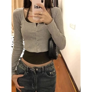 Fake Two Pieces Halterneck Long-SleevedTT-shirt for Women Spring and Autumn New Slim Fit Slimming Pure Desire Style Design Sense Navel Hot Girl Top