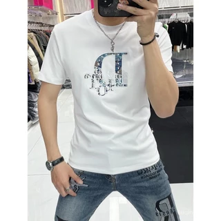 Dior 2024 Phong Cách Mới Áo Thun Ngắn Tay Nam Mùa Hè Cổ Tròn Châu Âu Trạm Kim Cương Nóng In Chữ Slim-fit Hợp Thời Trang H