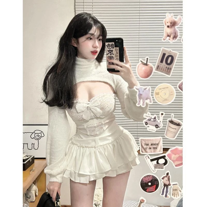 Thu Đông 2023 Váy Ba Mảnh Nữ Phong Cách Mới Pure Suit Sling Trắng + Ren + Hot Girl Desire Áo Hợp Thời Trang VIXN