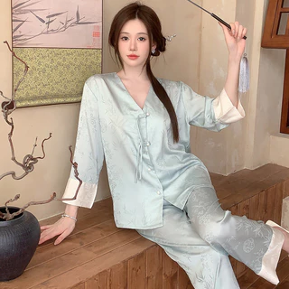 🎀Teefeng Pyjama🎀 Bộ Đồ Ngủ Nữ Xuân Hè Cao Cấp Nhân Tạo Lụa Phong Cách Quốc Gia Mới Phong Cách Trung Hoa Nữ Dài Tay Homewear Phù Hợp Với 40-70kg