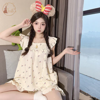 Yuan Bộ đồ ngủ phong cách mới dành cho bé gái có dây treo, học sinh nữ, bộ quần áo nhà mùa hè phong cách công chúa tươi mới