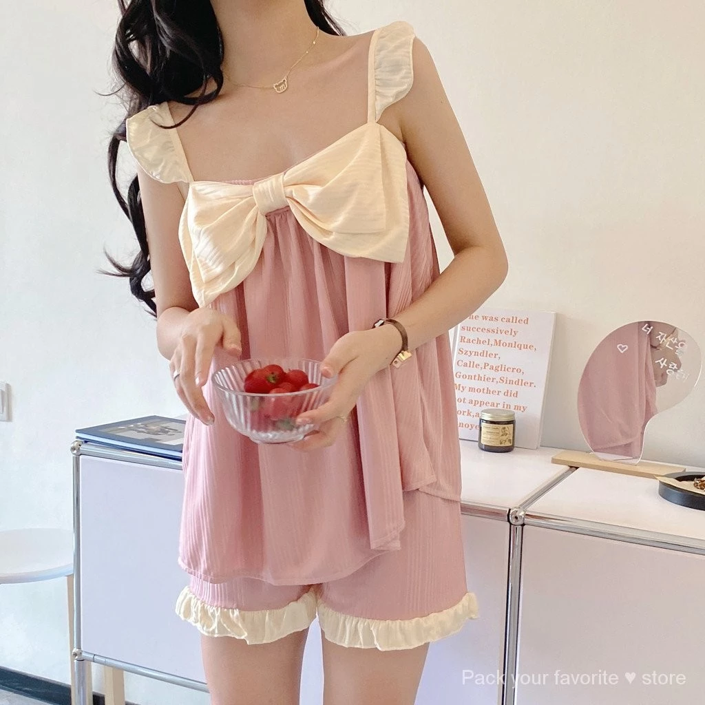 Bộ Đồ Ngủ Sling Hai Mảnh Phù Hợp Với Nữ Mùa Hè Mỏng Phong Cách Influencer ins Phong Cách Quần Short Dễ Thương Homewear Suit