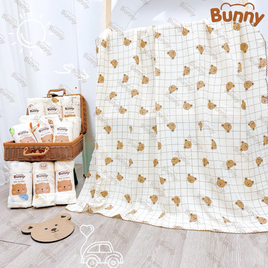 Khăn Tắm Xô Muslin Cho Bé Bunny 100 x 110cm Mềm Mại, Thấm Hút Tốt, 2 Lớp Dày Dặn