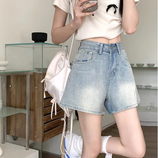 Bh Quần short denim xanh nhạt lưng cao dành cho nữ mùa hè Quần ống rộng Baggy