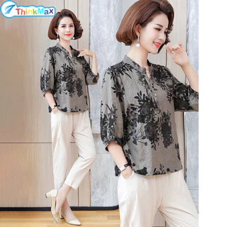 Áo Sơ Mi Nữ Vải Lanh Cotton In Hoa Đứng Cổ Áo Tay Ngắn Plus Kích Thước Áo Sơ Mi Mùa Hè