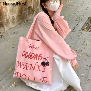 Túi đeo vai nữ NomadNest màu hồng mùa hè in chữ Túi xách vải dung tích lớn