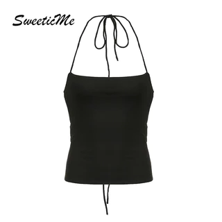 Sweeticme Nữ 2024 Thời Trang Mới Gợi Cảm Lưng Dây Ôm Phù Hợp Với Màu Trơn Áo Tank Topsole