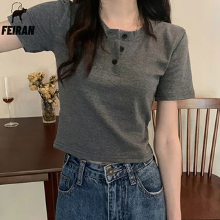 Áo thun nữ New Casual Nút tay ngắn Slim Sweet Cool Top