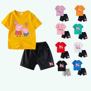 Bóng bay trẻ em Peppa Pig Hoạt hình dễ thương Áo thun ngắn tay 100% Cotton + Quần Short Bộ quần áo Unisex NS028