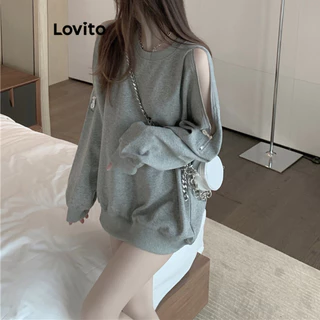 Áo nỉ Lovito trơn có dây kéo trễ vai cho nữ LNA35067 (xám)