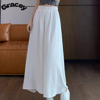 Váy trắng mùa hè Gracey dành cho nữ, váy xếp ly chữ A, phụ nữ nhỏ, lụa băng xếp nếp, giảm béo, quần ống rộng thông thường, hợp thời trang