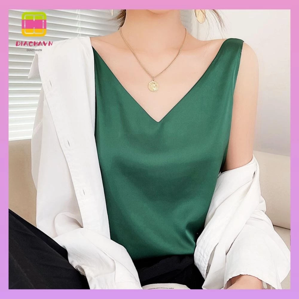 Áo Vest Nữ DIACHAVN, Áo Tank Nữ Satin Lụa Thanh Lịch, Áo Sơ Mi Không Tay Cổ Chữ V Đơn Giản Áo Sơ Mi Camisole Xuân Hè