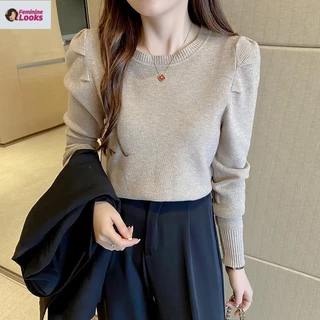 Áo Sweater Tay Phồng Dài Cổ Tròn Dáng Ôm Xinh Xắn Thời Trang Cho Nữ