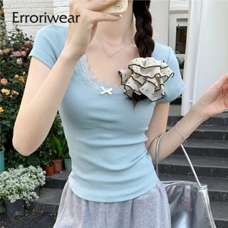 Áo thun nữ Erroriwear 2024 Thời trang màu trơn ren cổ chữ U tay ngắn Slim Fit Áo thường ngày