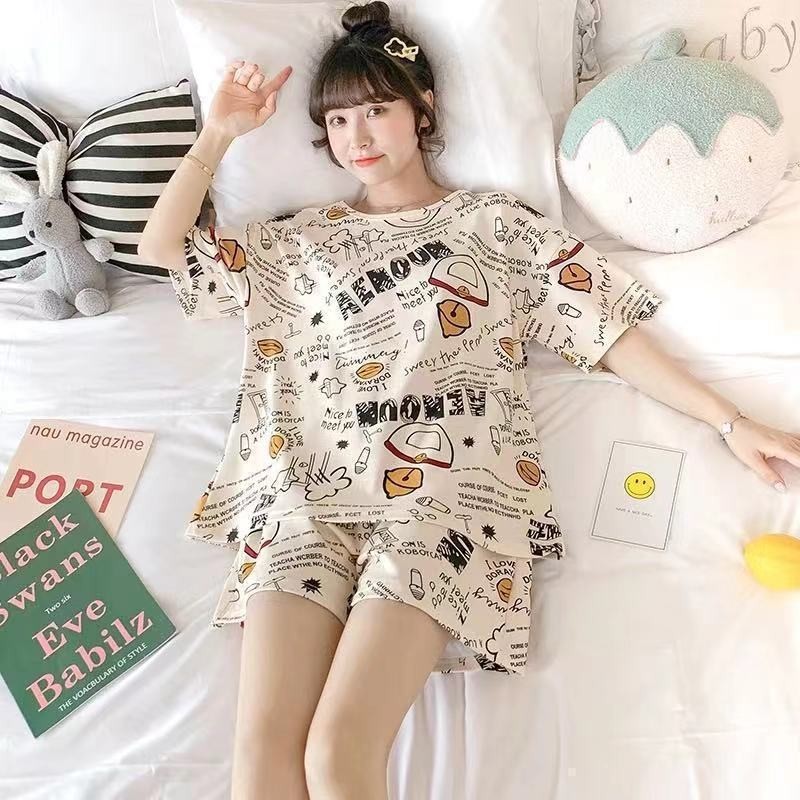 Bộ Đồ Ngủ Nữ Mùa Hè Tay Ngắn Phong Cách Mới 2024 Kích Thước Lớn Mỏng Dễ Thương Quần Short Rời Bên Ngoài Có Thể Mặc Đồ Gia Đình Phù Hợp Với