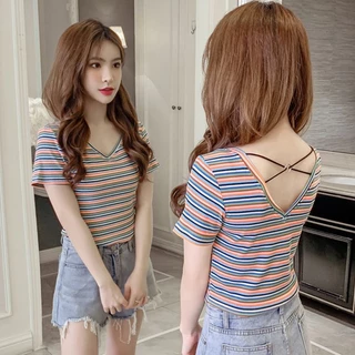 Áo thun ngắn tay sọc cầu vồng dành cho nữ mùa hè 2024 Phong cách mới Phiên bản Hàn Quốc Slim-fit Slimmer Look Cross Backless Cổ chữ V