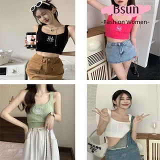 Áo dệt kim BSUNS, Áo dệt kim mỏng không tay, Áo Crop Top cổ tròn màu trơn gợi cảm dành cho nữ