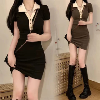 Váy ngắn tay polo phong cách Hàn Quốc, váy bodycon giảm béo gợi cảm mùa hè dành cho nữ