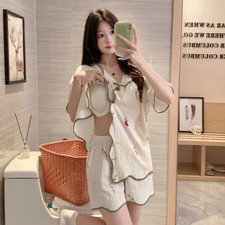 Áo len Cardigan nữ ngọt ngào Bộ đồ mỏng mùa hè Quần Short ngắn tay mùa hè Loungewear có miếng đệm ngực